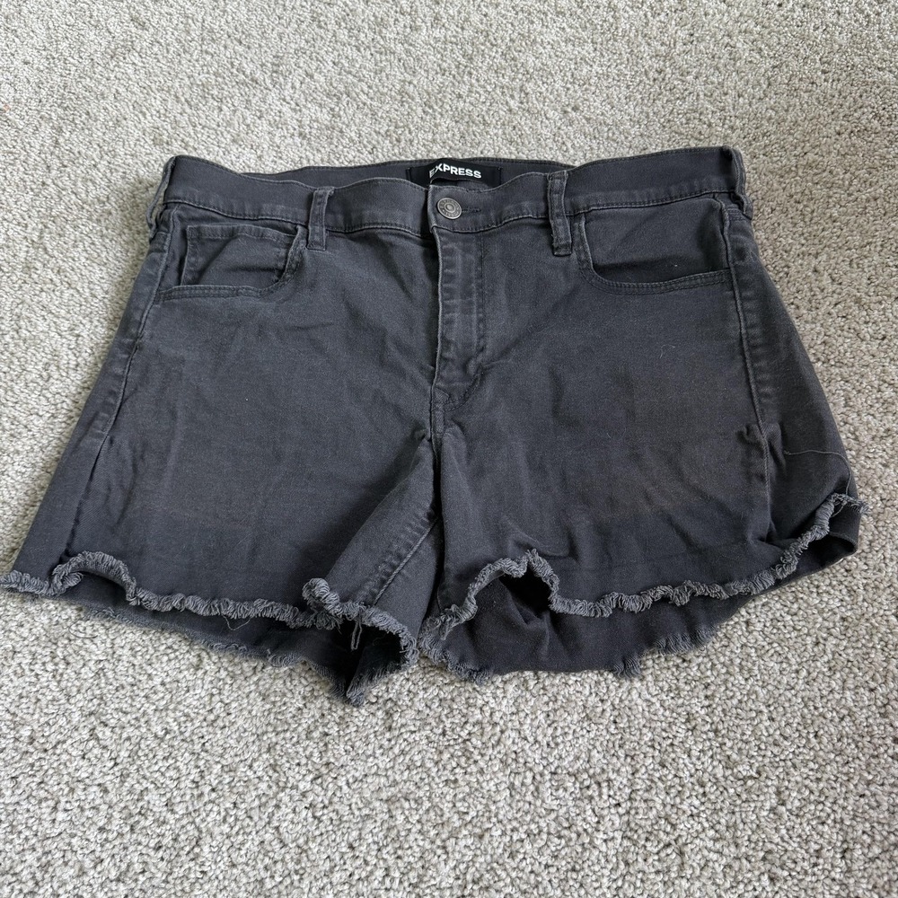 Express Denim Shorts Womens 14 Gray Mid Rise Cutoff Frayed Stretch Casual Summer